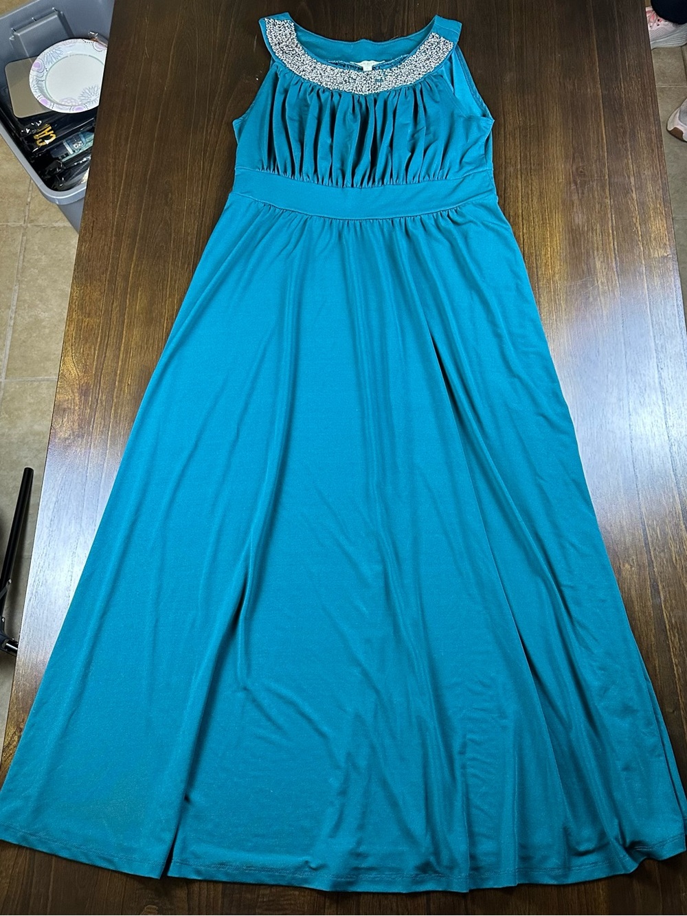 Sandiva beaded embellished necklace teal stretchy sleeveless maxi dress size XL